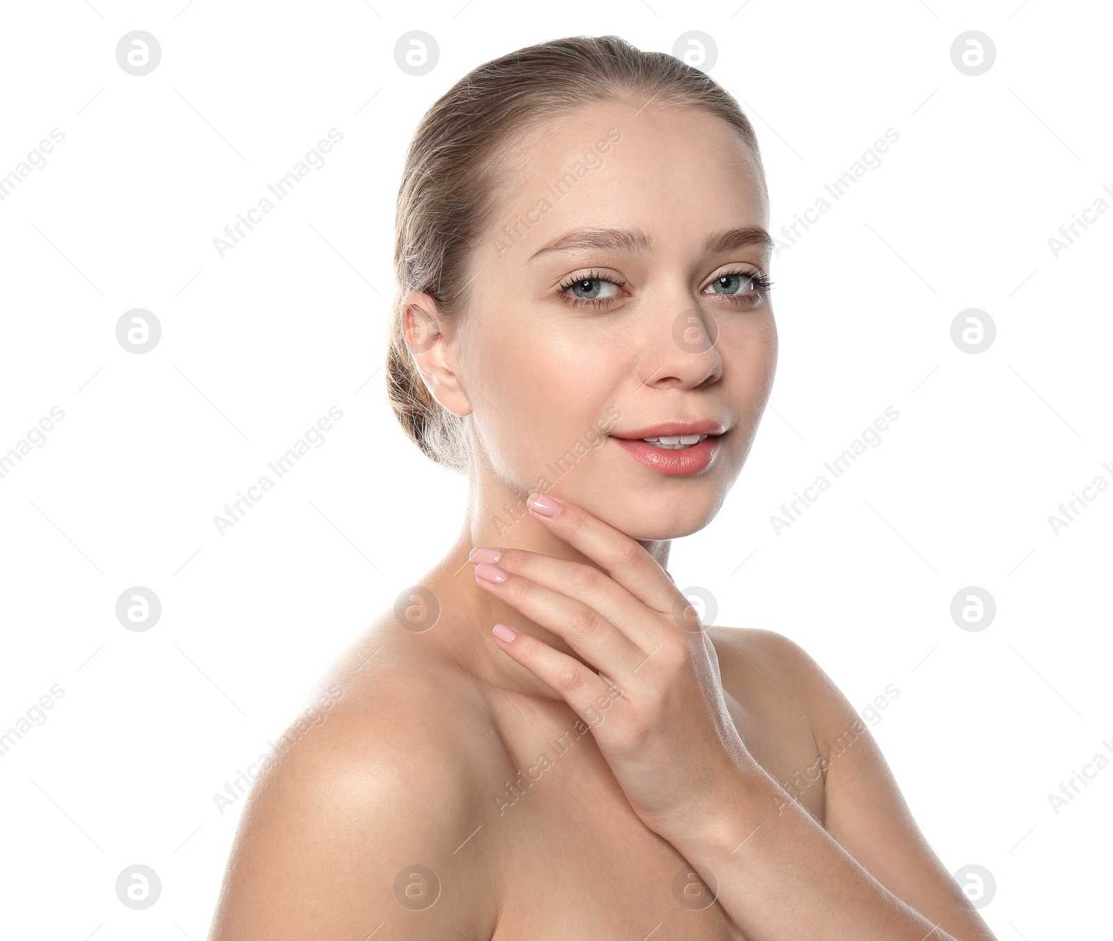 Photo of Portrait of beautiful young woman on white background. Lips contouring, skin care and cosmetic surgery concept