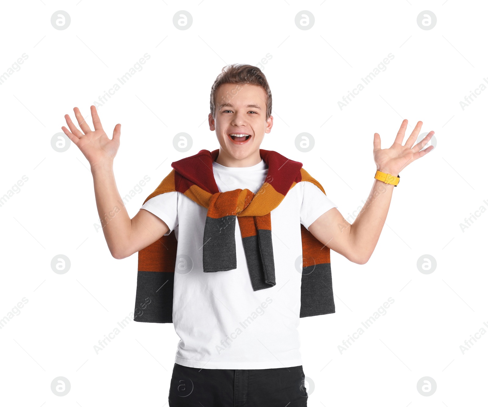 Photo of Portrait of emotional teenage boy on white background