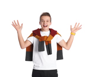 Portrait of emotional teenage boy on white background