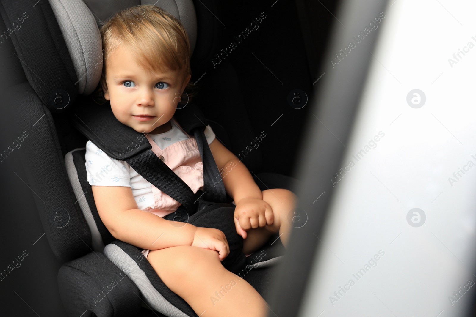 Photo of Cute little girl sitting in child safety seat inside car