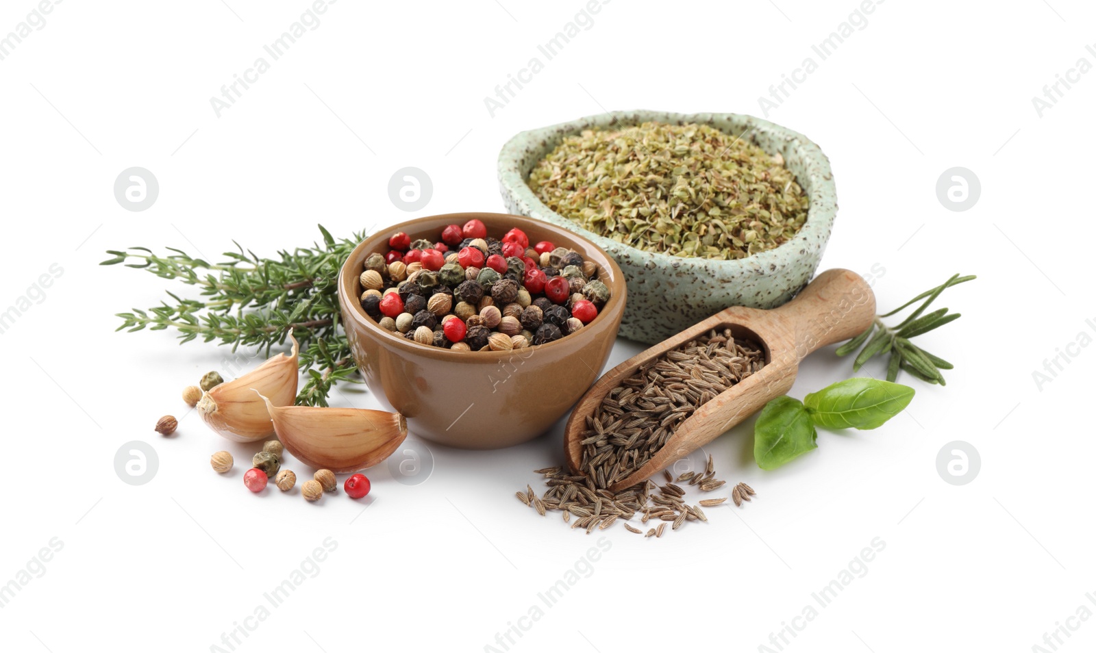 Photo of Different natural spices and herbs on white background