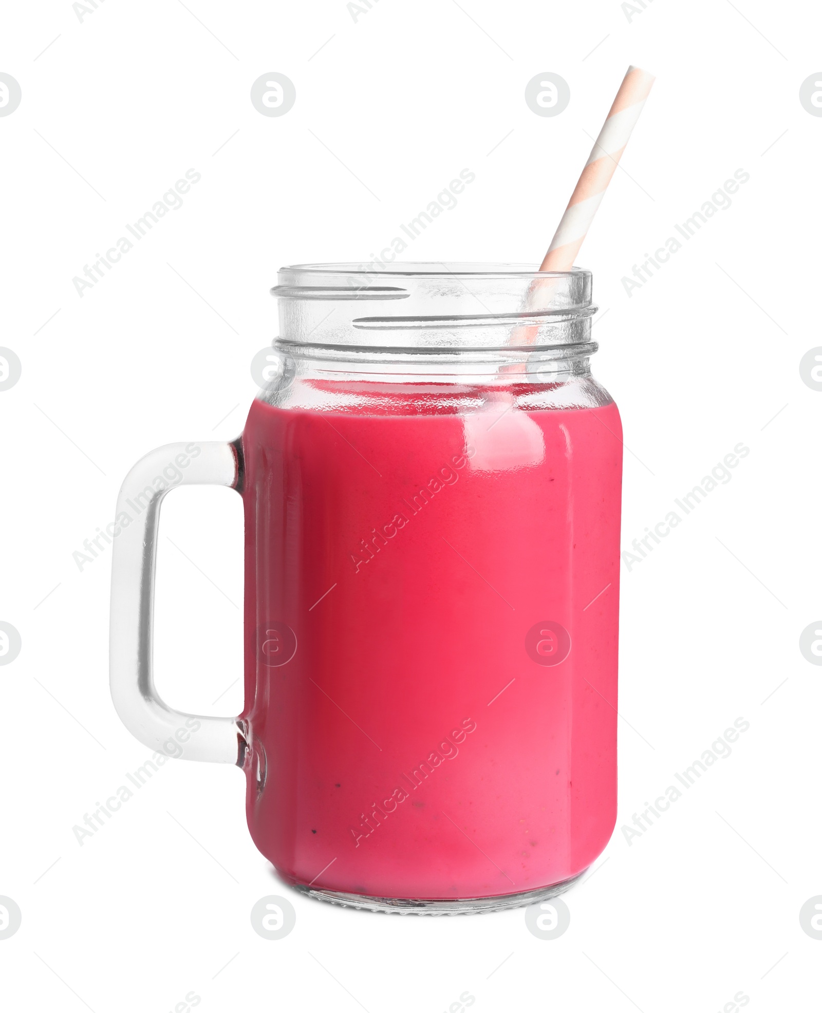 Photo of Mason jar of tasty raspberry smoothie on white background
