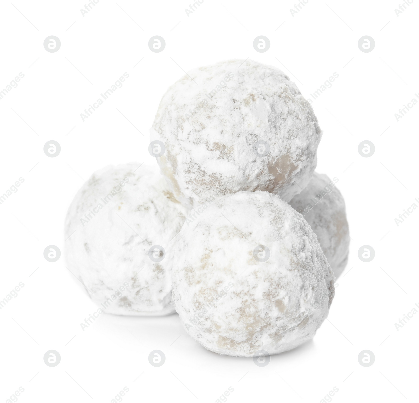 Photo of Pile of Christmas snowball cookies on white background