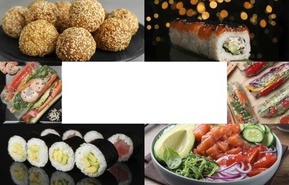 Image of Different tasty Asian dishes. Collage with rolls, sesame balls and others, space for text