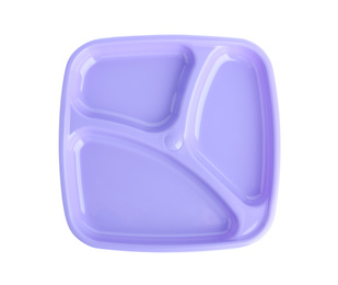 Violet plastic section plate isolated on white, top view. Serving baby food