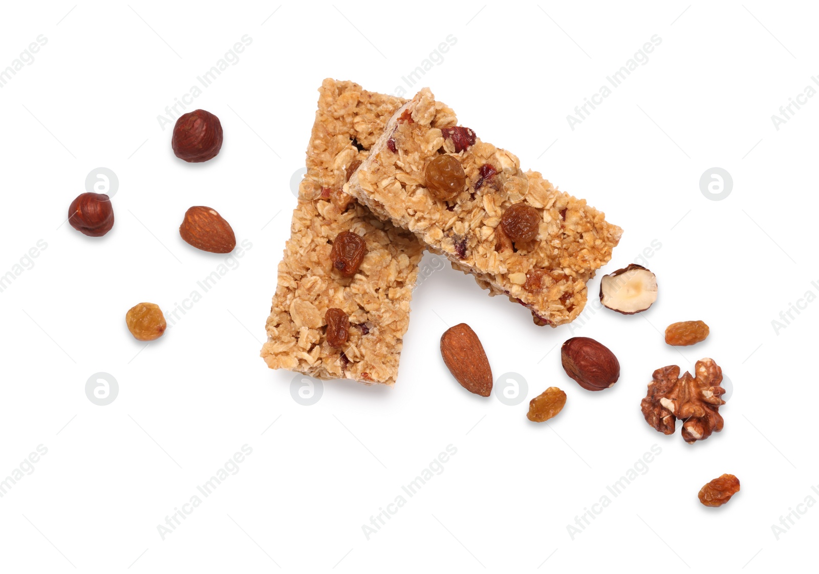 Photo of Tasty granola bars and ingredients isolated on white, top view