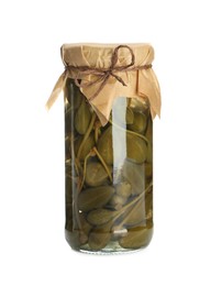 Photo of Capers in glass jar isolated on white