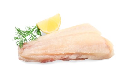 Photo of Piece of raw cod fish, dill and lemon isolated on white