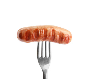 Fork with grilled sausage isolated on white