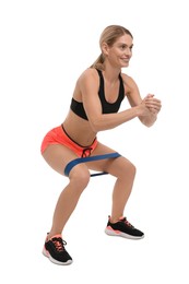 Photo of Woman exercising with elastic resistance band on white background