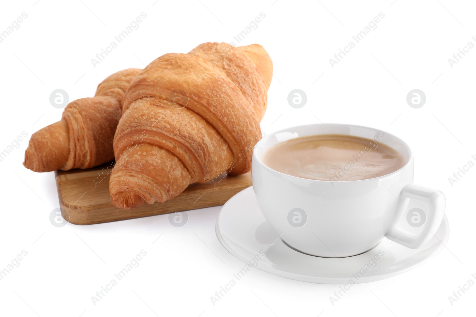 Photo of Fresh croissants and coffee on white background