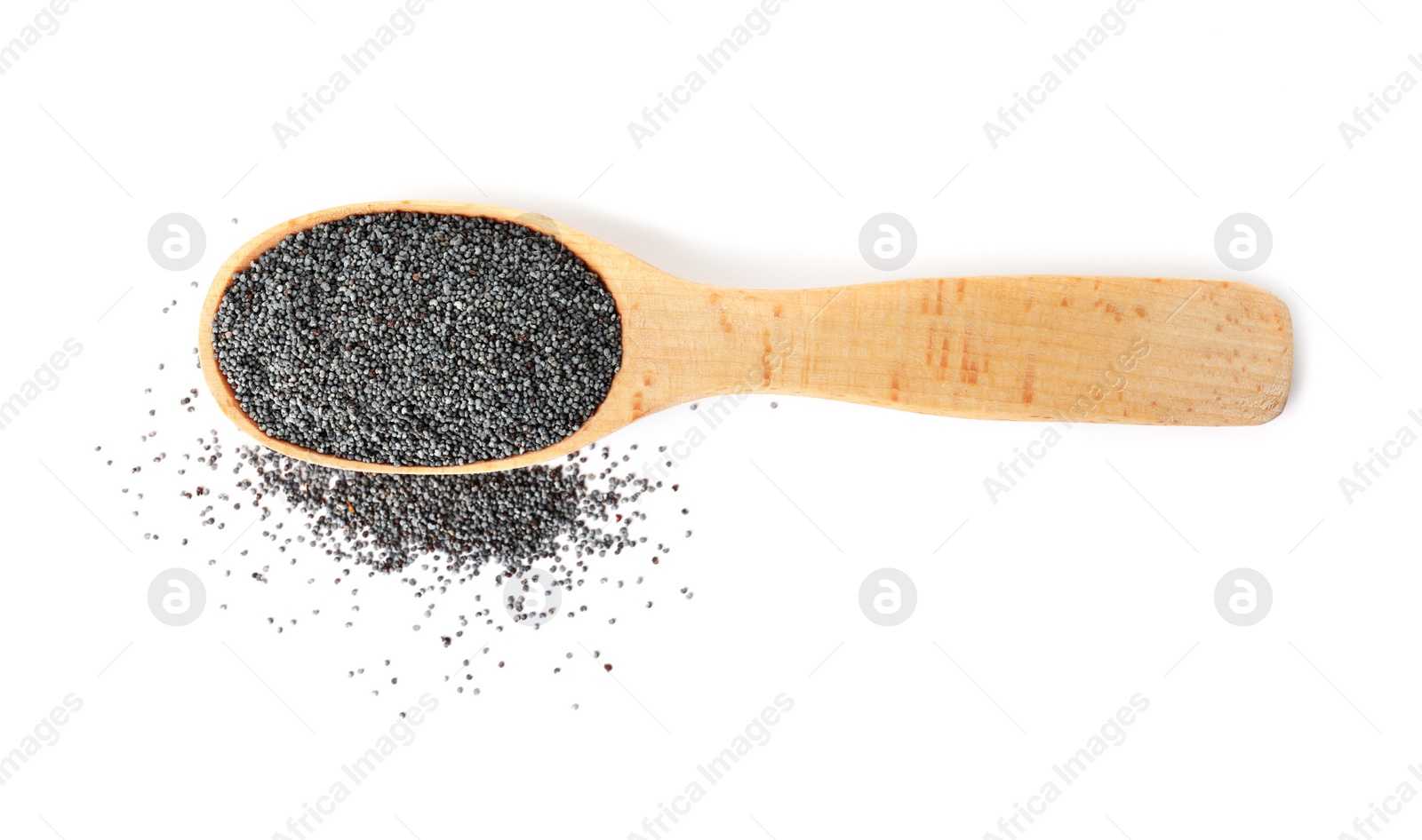 Photo of Poppy seeds and wooden spoon on white background, top view