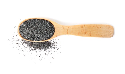 Photo of Poppy seeds and wooden spoon on white background, top view
