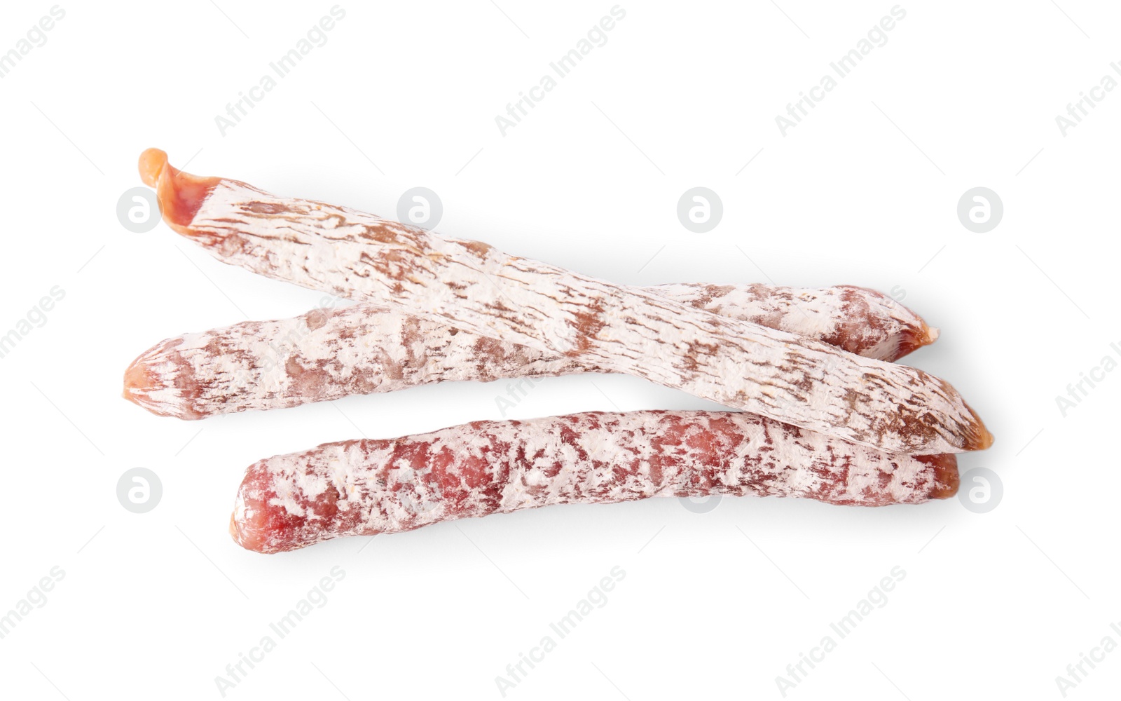 Photo of Tasty sausages on white background. Meat product