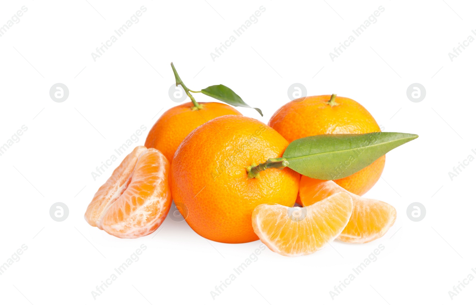 Photo of Fresh ripe juicy tangerines with green leaves isolated on white