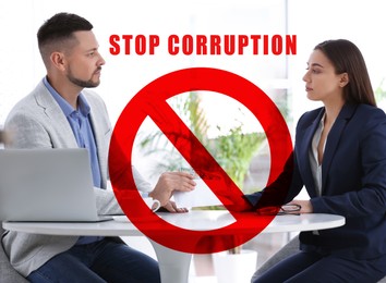 Image of Stop corruption. Illustration of red prohibition sign and woman giving bribe to man at table indoors