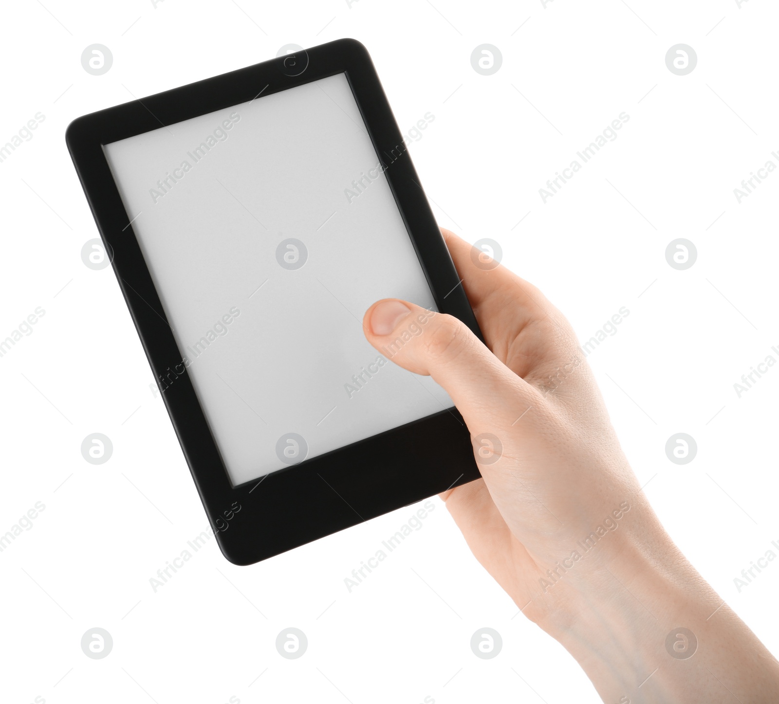 Photo of Woman using e-book reader on white background, closeup