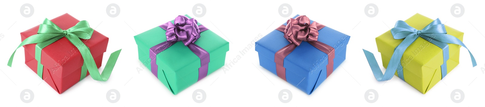 Image of Set of Christmas gift boxes on white background. Banner design