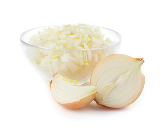 Photo of Cut fresh ripe onion on white background