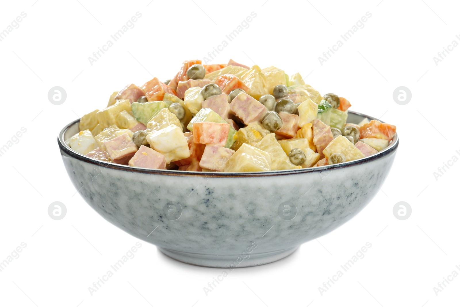 Photo of Delicious russian salad Olivier on white background