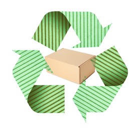 Image of Cardboard box and recycling symbol on white background