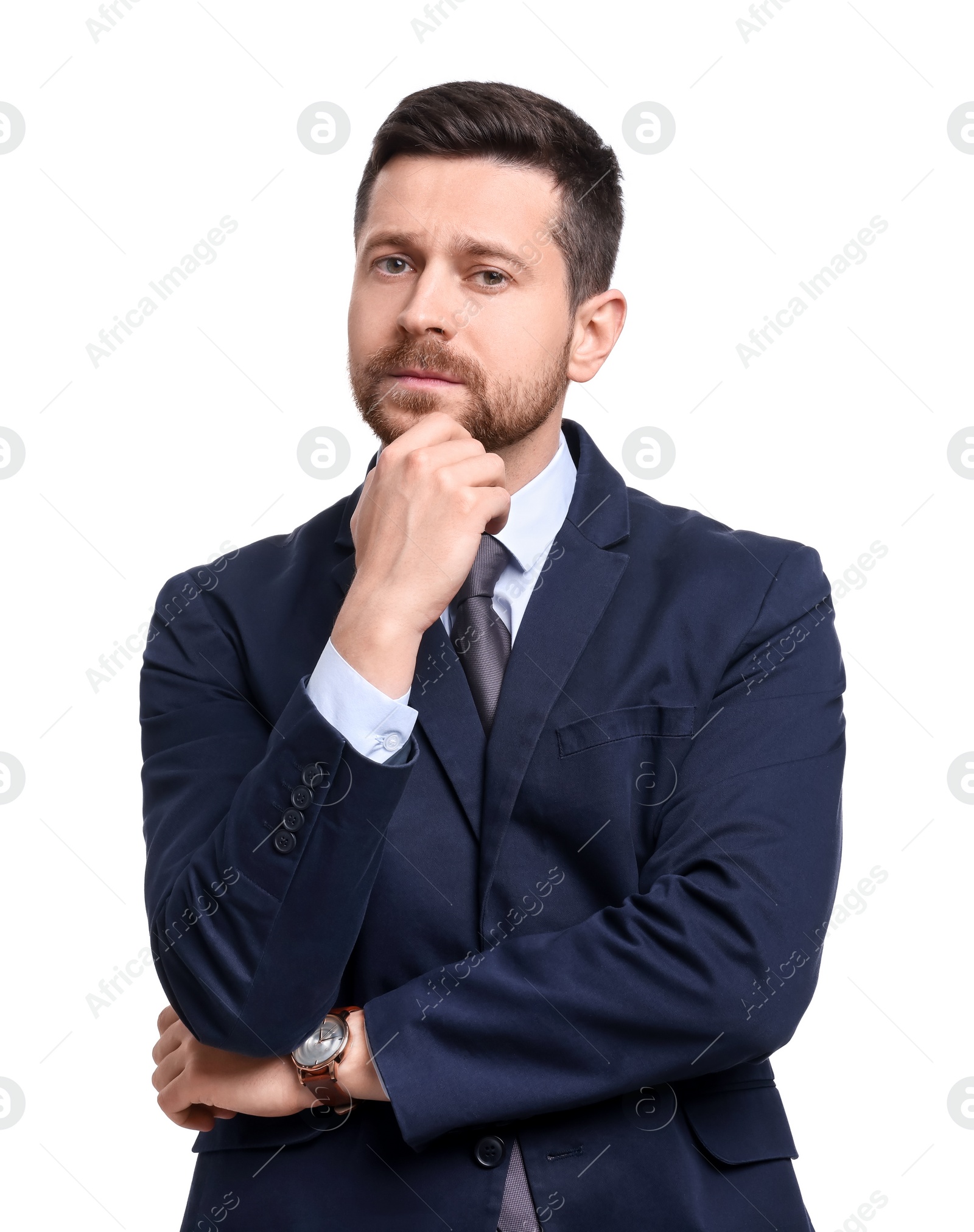 Photo of Handsome bearded businessman in suit on white background