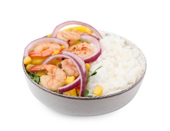 Photo of Delicious poke bowl with shrimps, rice and vegetables isolated on white
