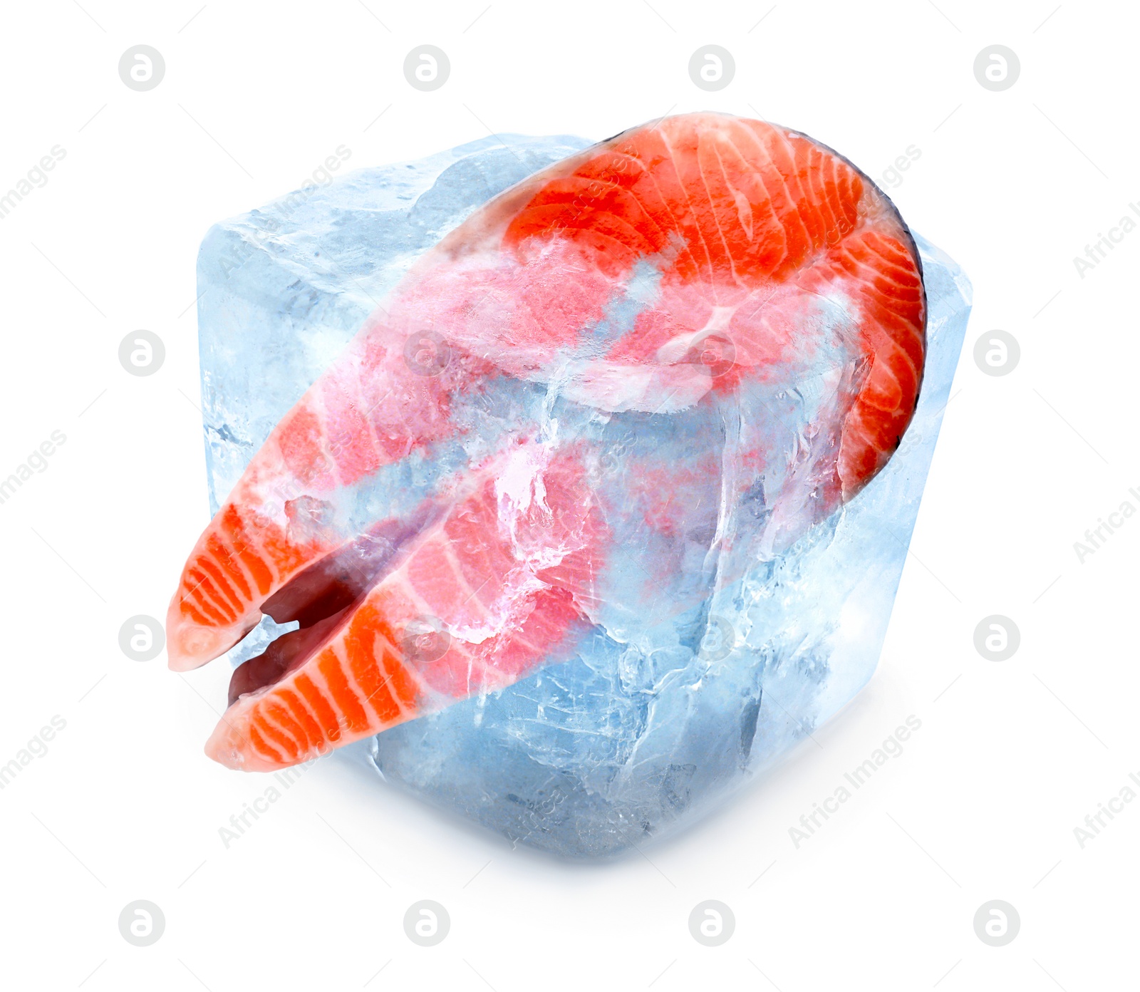 Image of Frozen food. Raw salmon steak in ice cube isolated on white