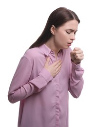 Photo of Woman coughing on white background. Cold symptoms