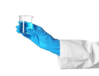 Scientist holding glass beaker with liquid on white background. Chemical research