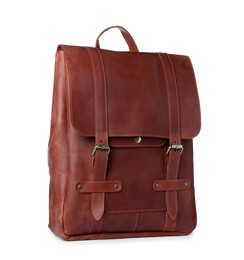 Photo of Stylish brown leather urban backpack isolated on white