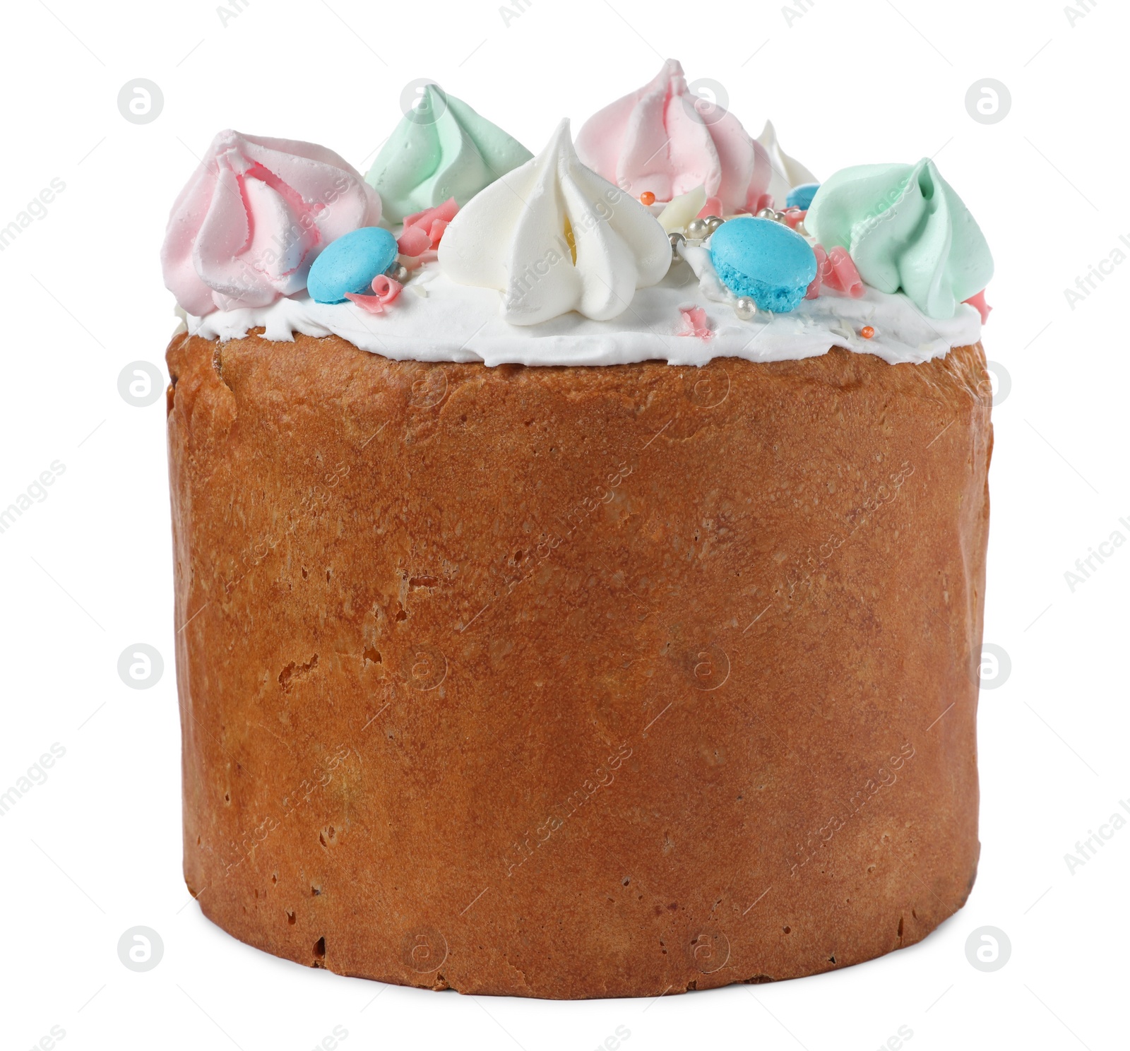 Photo of Traditional Easter cake with sprinkles and meringues isolated on white