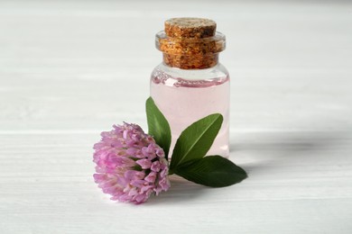 Beautiful clover flower and essential oil on white wooden table