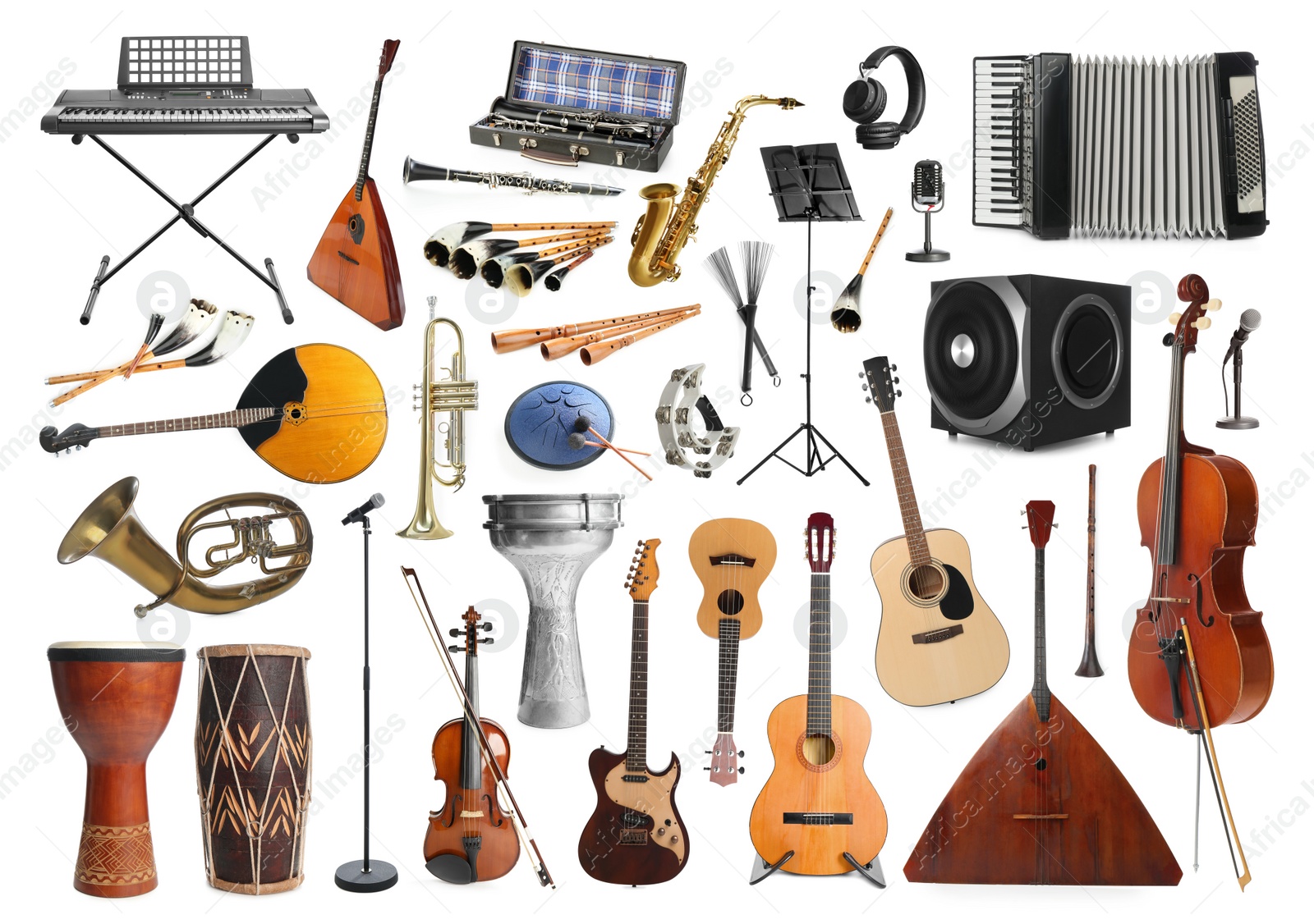 Image of Collection of different musical instruments on white background