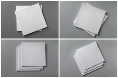 Image of Open blank brochures on grey background, top view. Collage