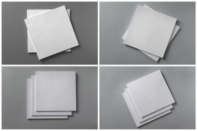 Open blank brochures on grey background, top view. Collage