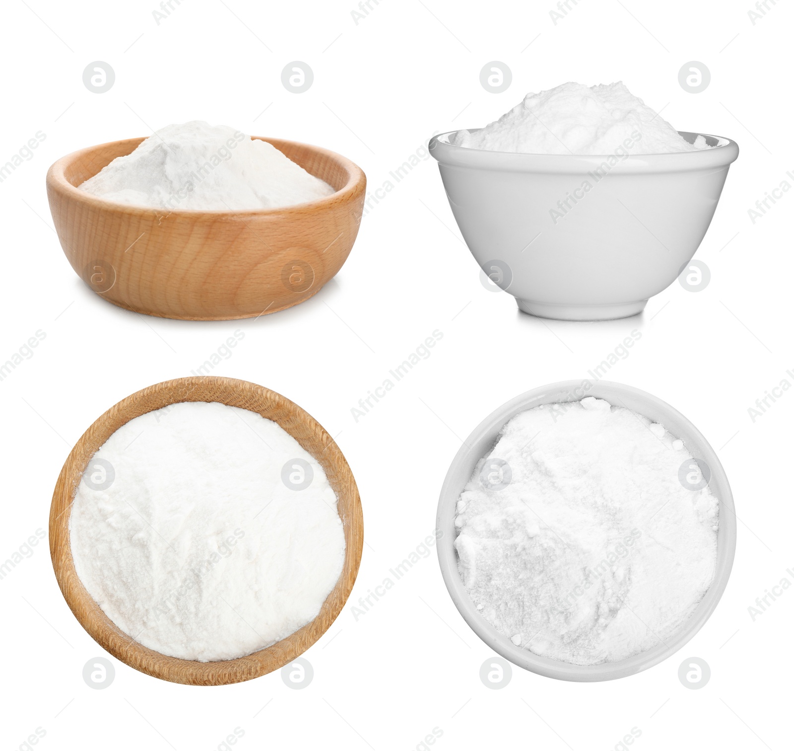 Image of Set with bowls of baking soda on white background