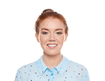 Portrait of young woman with beautiful face on white background