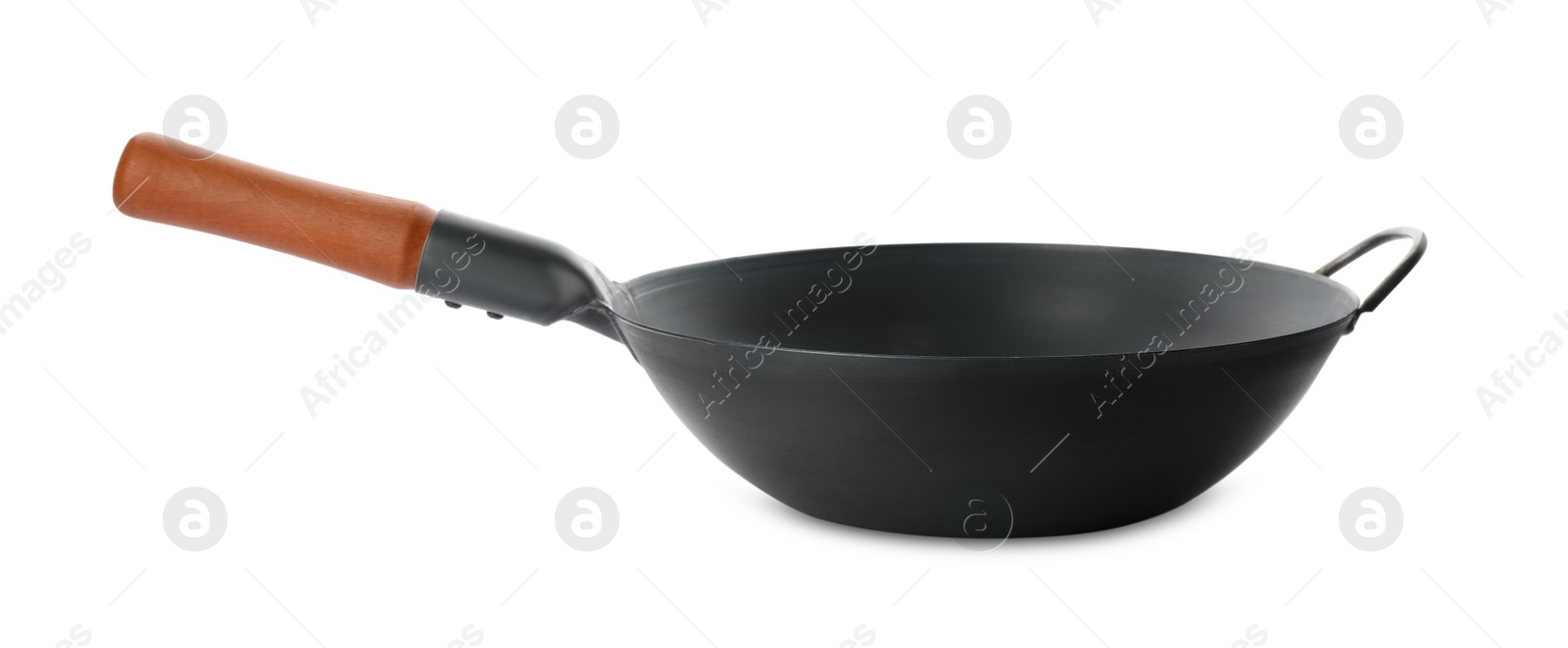 Photo of Empty iron wok isolated on white. Chinese cookware