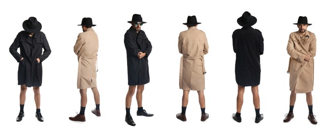 Collage with photos of exhibitionist in coat and hat on white background. Banner design