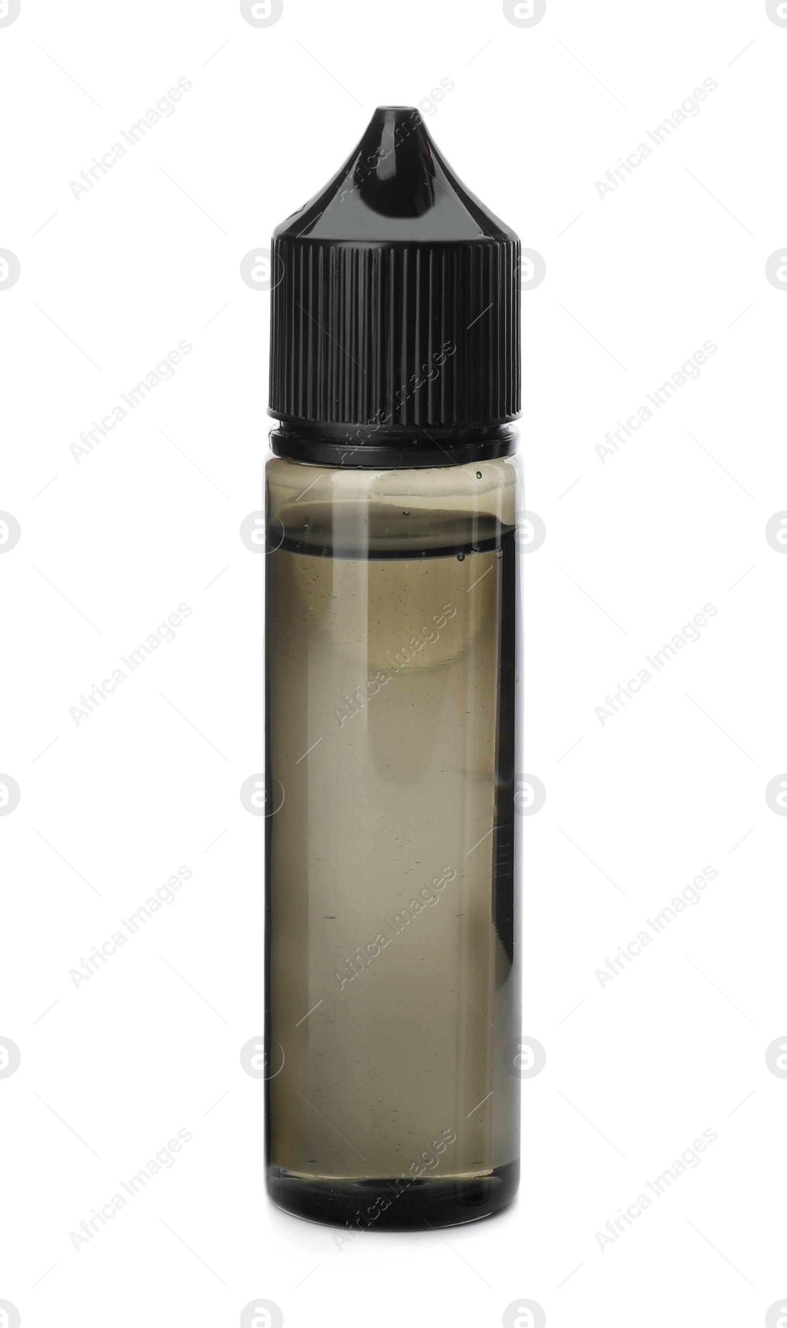 Photo of Container with vaping liquid for electronic smoking device isolated on white