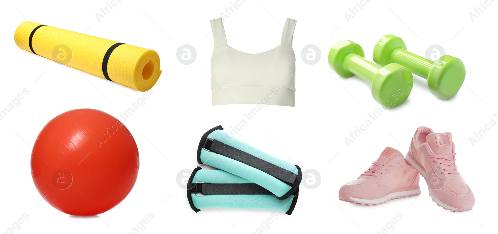 Image of Set with different fitness equipment on white background. Banner design