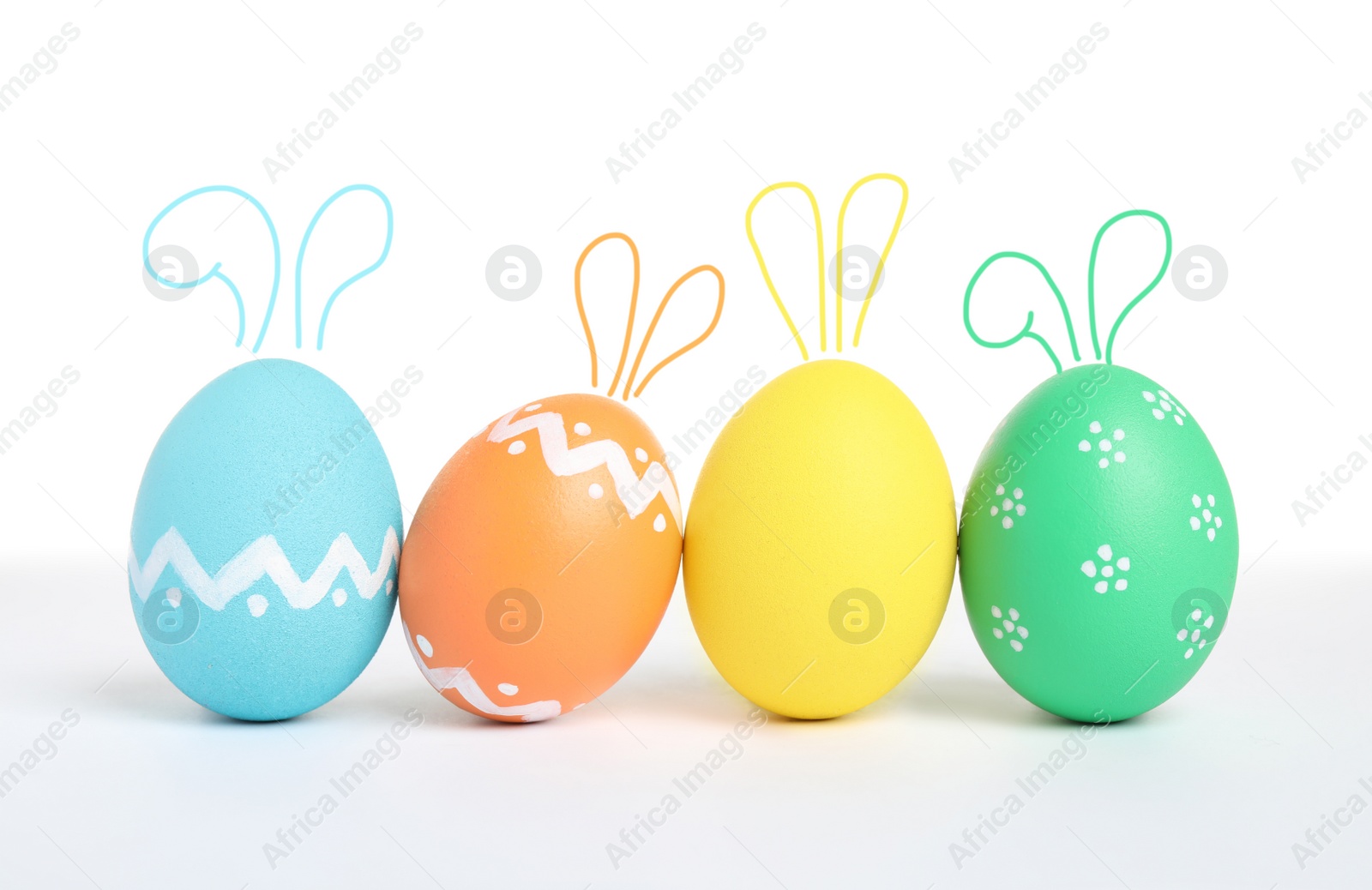 Image of Colorful Easter eggs with cute bunny ears isolated on white