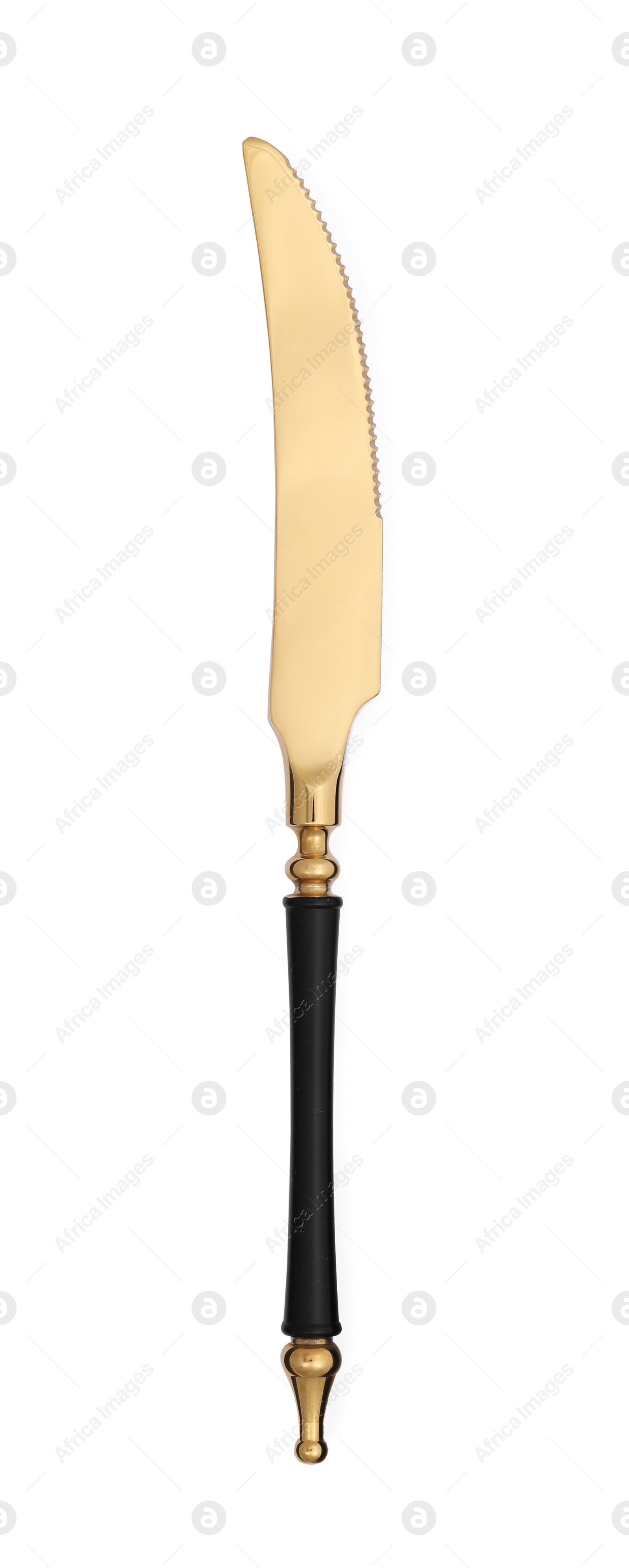 Photo of Clean shiny golden knife isolated on white, top view