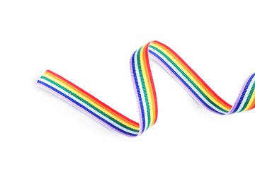 Photo of Rainbow ribbon on white background. Gay symbol