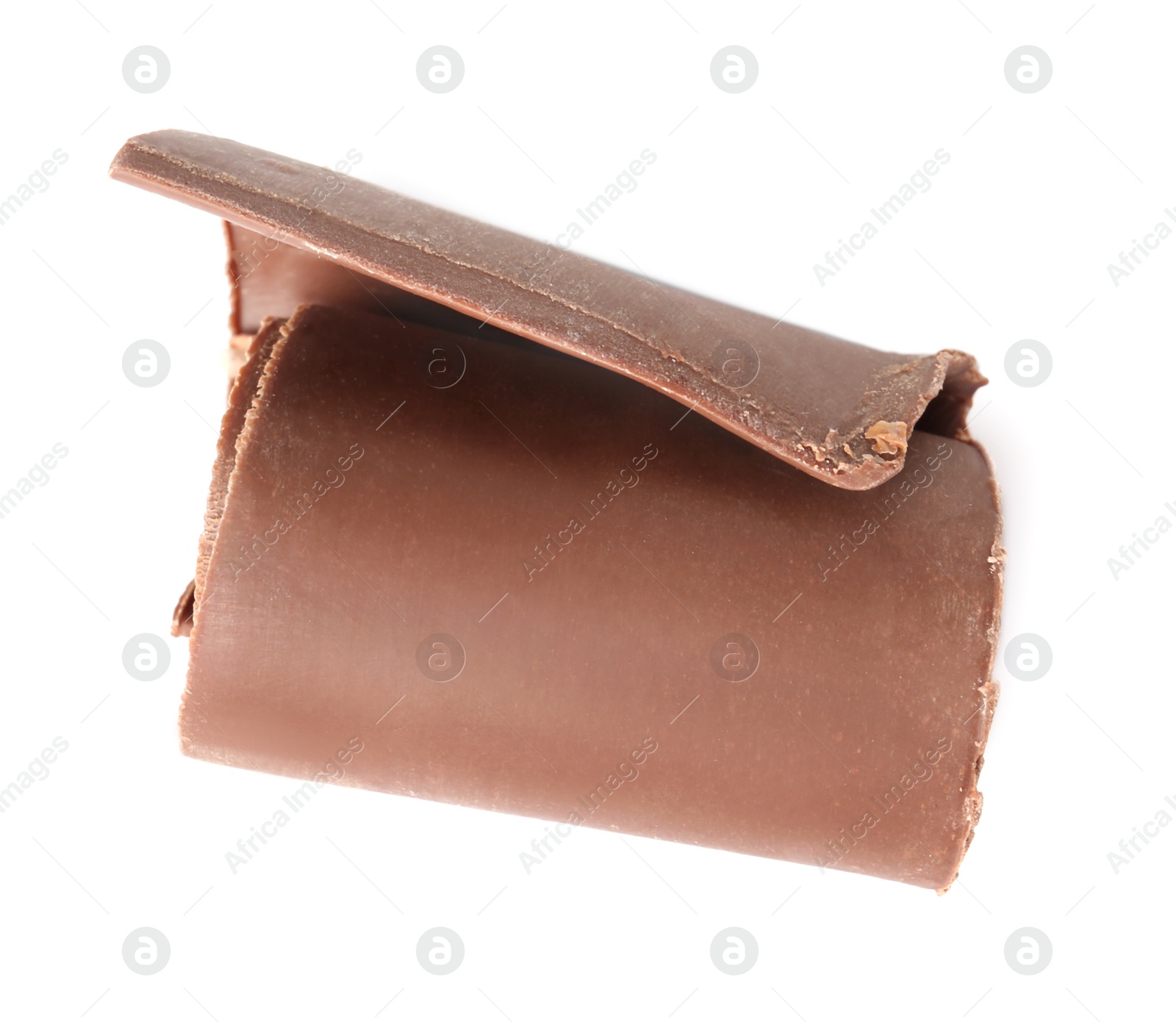 Photo of Curl of tasty chocolate on white background