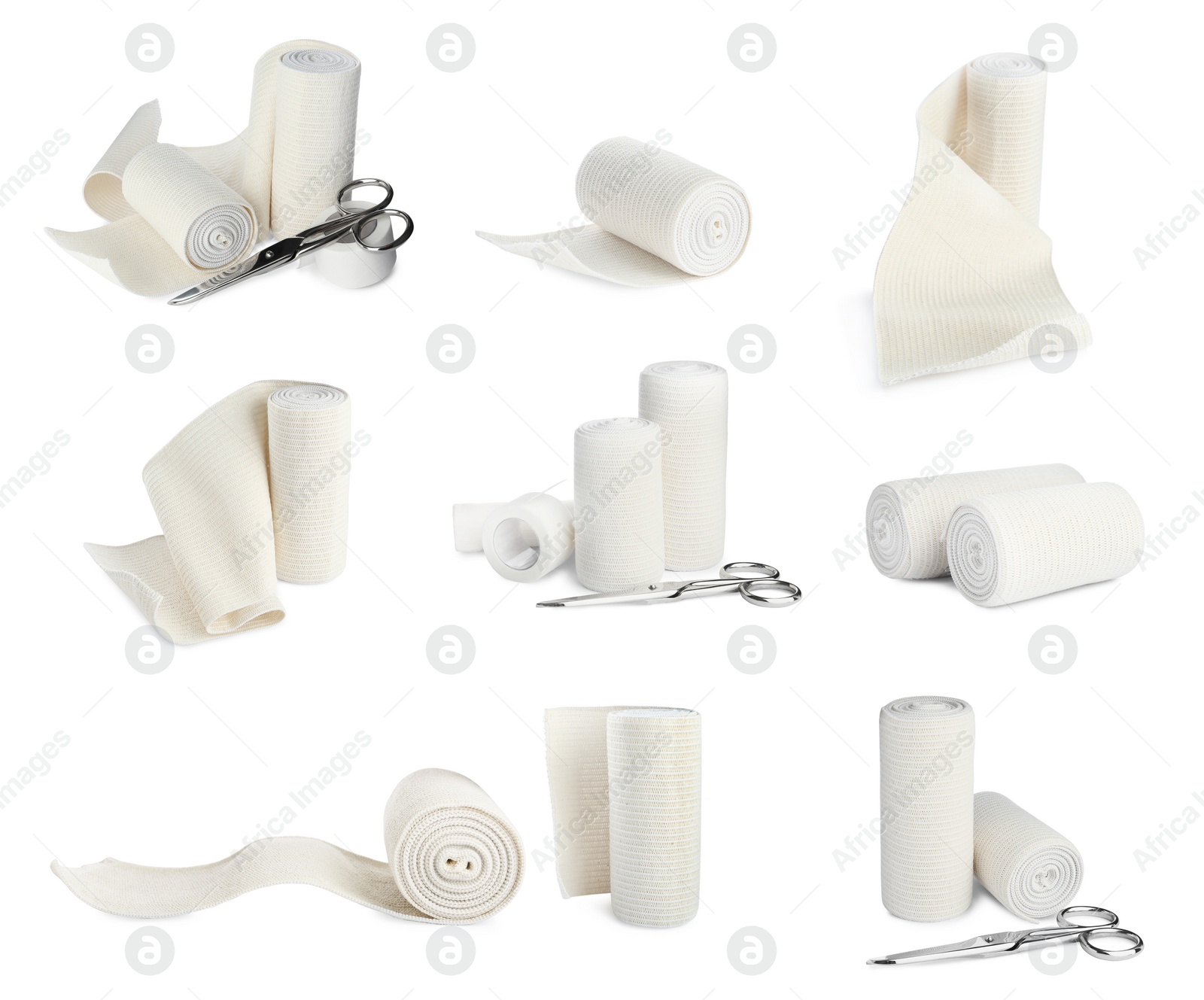 Image of Set with elastic bandages on white background