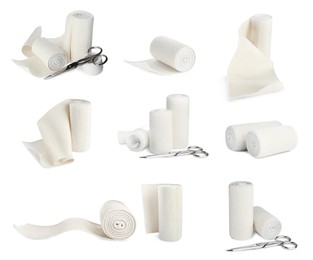 Image of Set with elastic bandages on white background