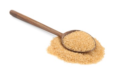 Pile of brown sugar and wooden spoon isolated on white