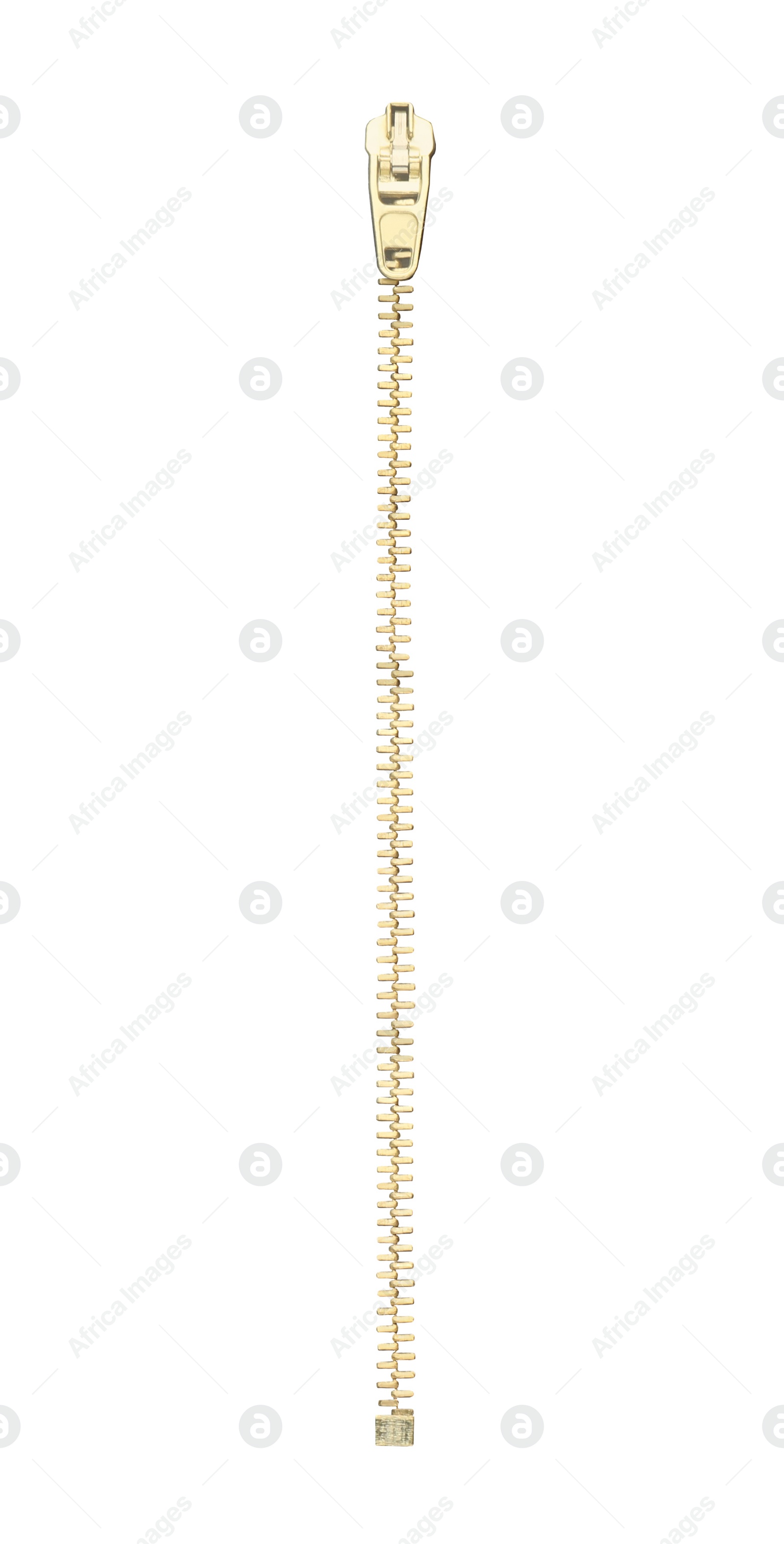 Image of Closed golden metal zipper isolated on white 